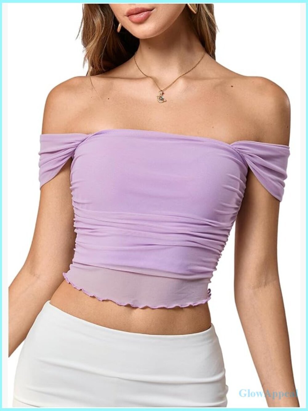 Off Shoulder Ruched Lettuce Trim Mesh Short Sleeve Crop Top